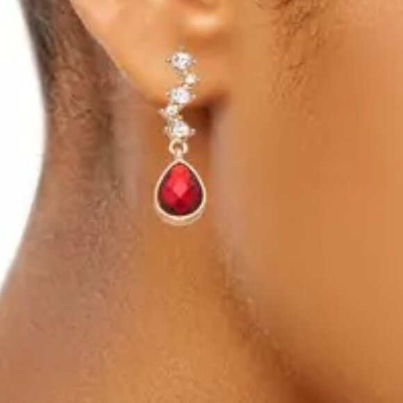 NAPIER Romantic Gold Ruby Red/Clear Crystal Drop Earrings**NEW! - Picture 2 of 2